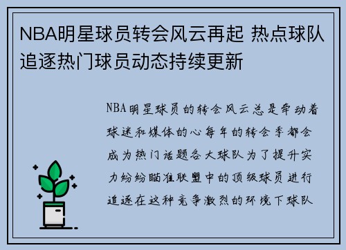 NBA明星球员转会风云再起 热点球队追逐热门球员动态持续更新 NBA明星球员转会风云再起 热点球队追逐热门球员动态持续更新