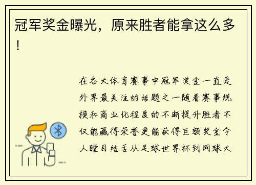 冠军奖金曝光，原来胜者能拿这么多！