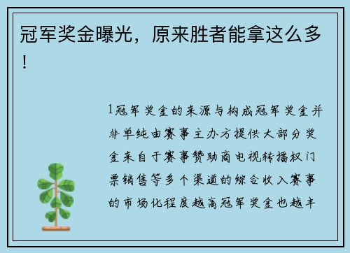 冠军奖金曝光，原来胜者能拿这么多！